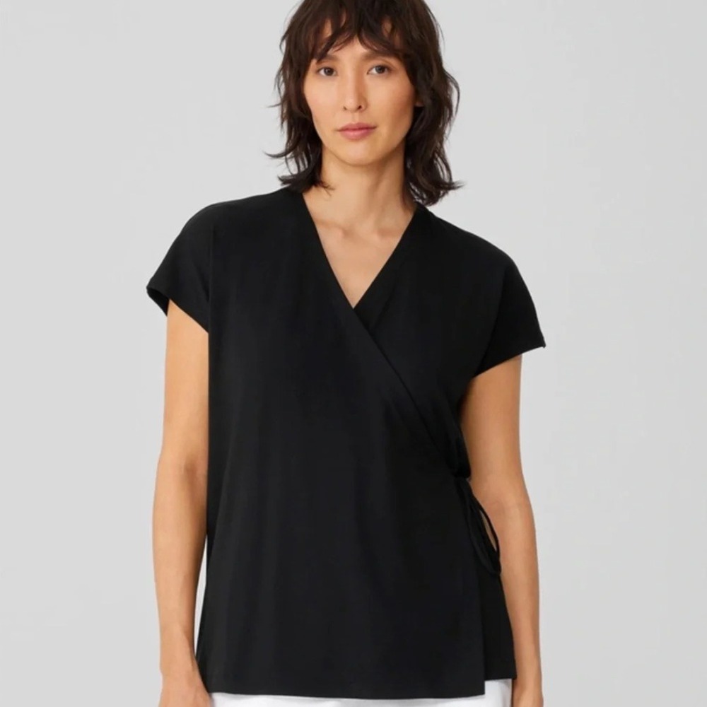 NWT Eileen Fisher Black Tencel Lyocell Wrap Top V-Neck Short Sleeve XL